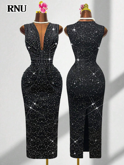 SHEIN RNU Women's Sexy Black Shiny Fabric Dress