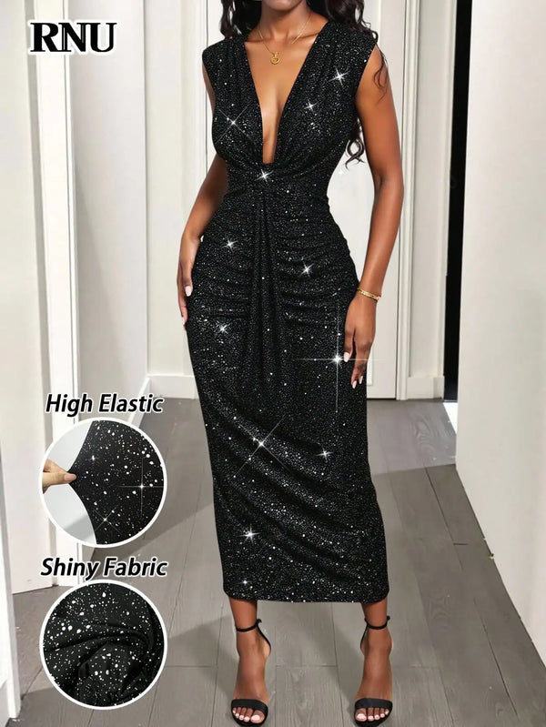 SHEIN RNU Women's Sexy Black Shiny Fabric Dress