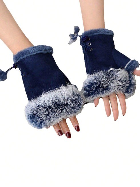 SHEIN 1 Pair Suede Lace-Up Fingerless Gloves For Women