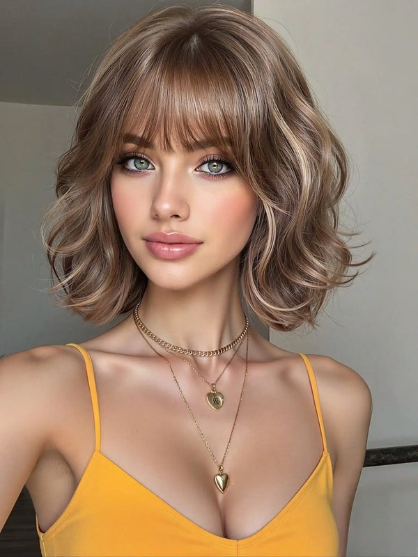 SHEIN Linen Brown Short Wavy Hair Synthetic Heat-Resistant Wig