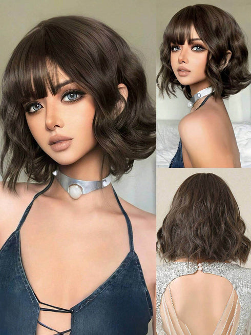 SHEIN Linen Brown Short Wavy Hair Synthetic Heat-Resistant Wig