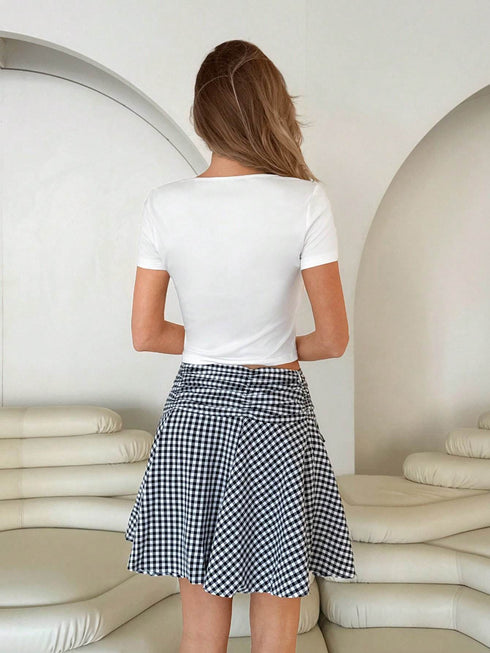 SHEIN Roylia Elegant Black And White Swan Chess Print T-Shirt