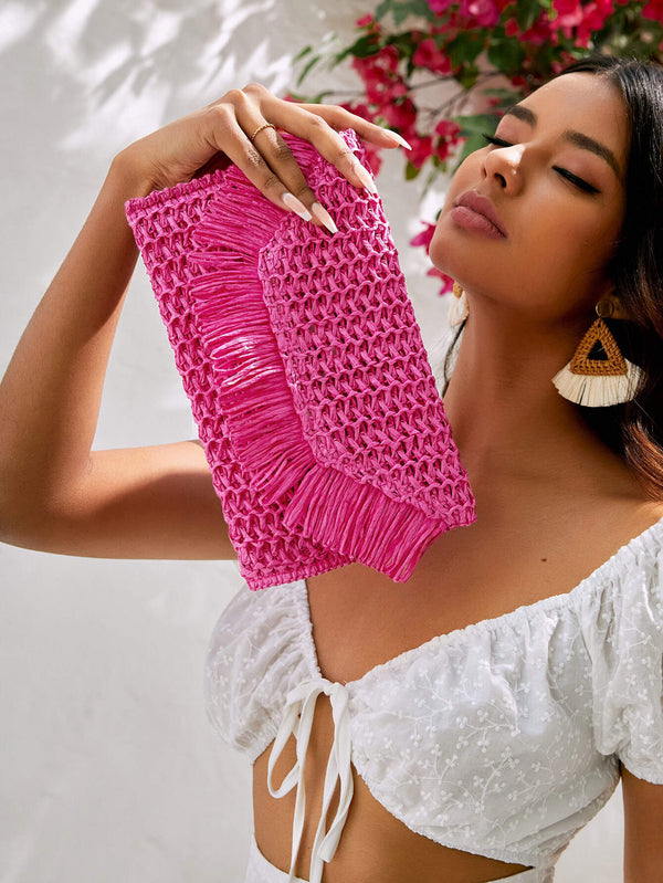 حقيبة SHEIN VCAY المصنوعة من القش المنسوج، بتصميم بسيط وأنيق، مزينة بشراشيب، مناسبة للمراهقات.