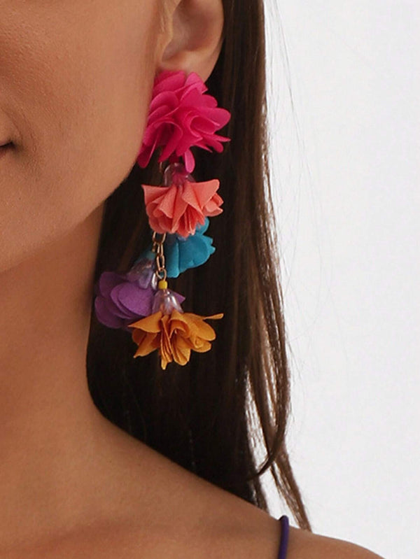 1pair Colorful Flower Tassel Earrings, Exaggerated Bohemian Vacation Style Eardrop Valentines
