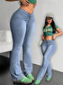 SHEIN EZwear Women's Casual Autumn Ruched Waist Distressed Flared Jeans