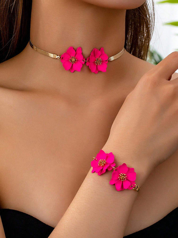 SHEIN 2pcs/Set Magenta Flower Bracelet & Necklace Jewelry Set, Elegant Style For Office & Daily, Versatile