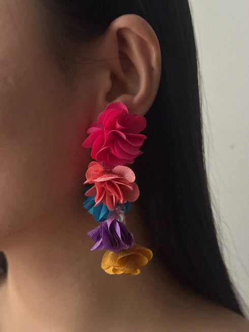 1pair Colorful Flower Tassel Earrings, Exaggerated Bohemian Vacation Style Eardrop Valentines