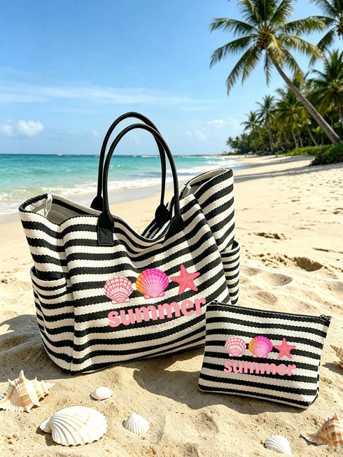 SHEIN 1/2pcs Striped Tote Bag And Makeup Bag Set, Printed With "Summer" Pattern, Suitable For Vacation, Travel, Commute, Shopping, Gift For Family And Friends