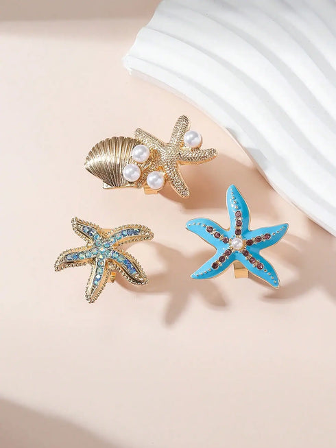 SHEIN Beach Holiday Style Shiny Rhinestone & Pearl Seashell Open Ring