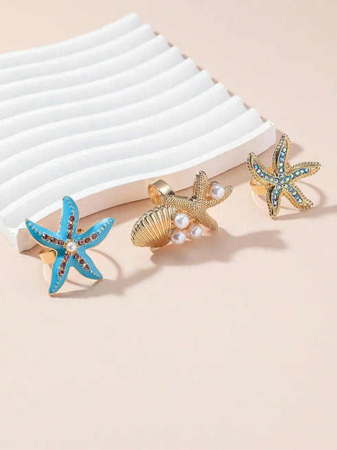 SHEIN Beach Holiday Style Shiny Rhinestone & Pearl Seashell Open Ring