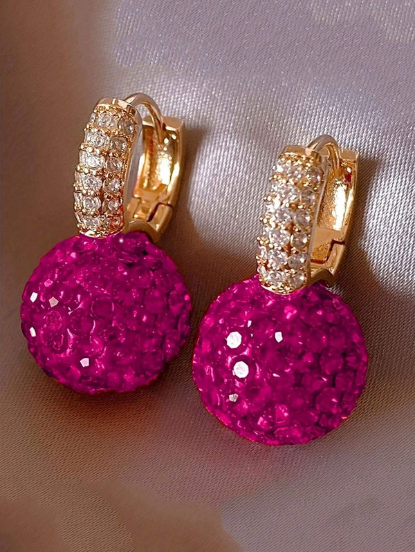 1 Pair Elegant Rhinestone Embellished Red Ball Design Pendant Earrings