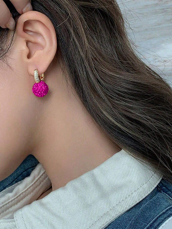 SHEIN Elegant Rhinestone Embellished Red Ball Design Pendant Earrings