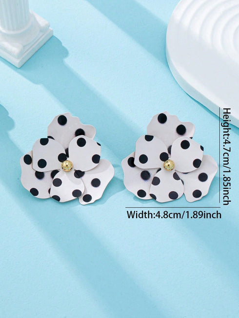 SHEIN 1 Pair Retro Polka Dot Floral Earrings - Fashionable Large Flower Earrings For Spring/Summer - Exaggerated Floral Statement Earrings For Women