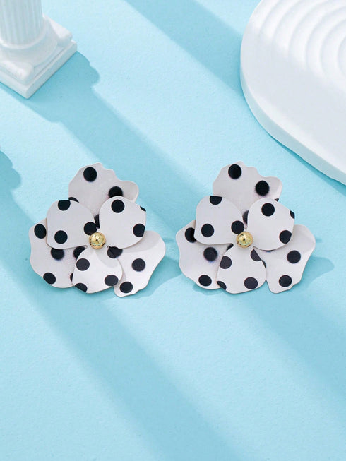 SHEIN 1 Pair Retro Polka Dot Floral Earrings - Fashionable Large Flower Earrings For Spring/Summer - Exaggerated Floral Statement Earrings For Women