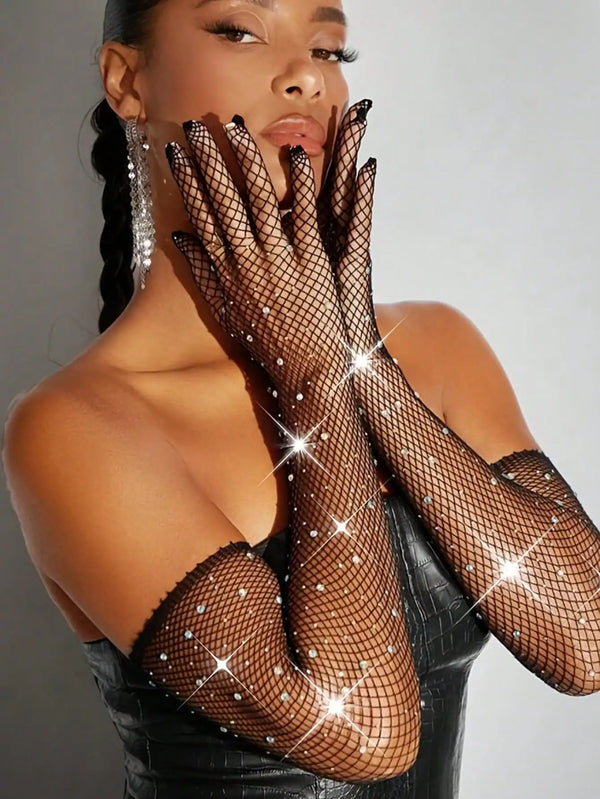 SHEIN 1 Pair Shiny Crystal Fishnet Gloves, Boho Retro Style Long Gloves, Party Nightclub Performance Decor Gloves