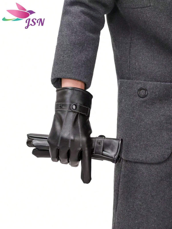 SHEIN Solid Color Casual Elegant PU Leather Men's Full Finger Touchscreen Gloves
