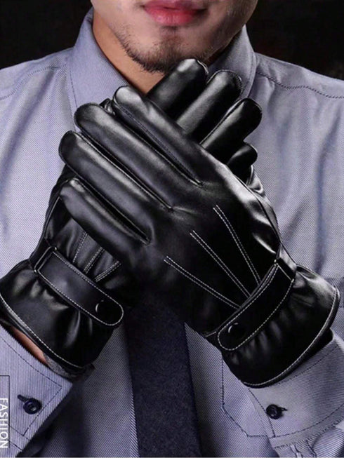 SHEIN Solid Color Casual Elegant PU Leather Men's Full Finger Touchscreen Gloves