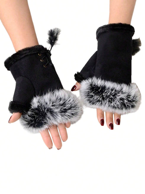 SHEIN 1 Pair Suede Lace-Up Fingerless Gloves For Women