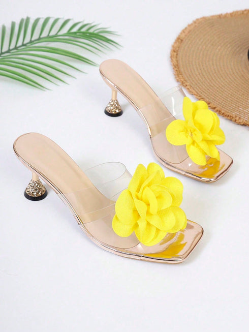 SHEIN 1 Pair Transparent Floral High Heel Sandals, Square Toe Slip-On, Summer Fashion Casual & Holiday Wear For Teenagers