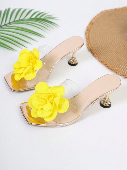 SHEIN 1 Pair Transparent Floral High Heel Sandals, Square Toe Slip-On, Summer Fashion Casual & Holiday Wear For Teenagers
