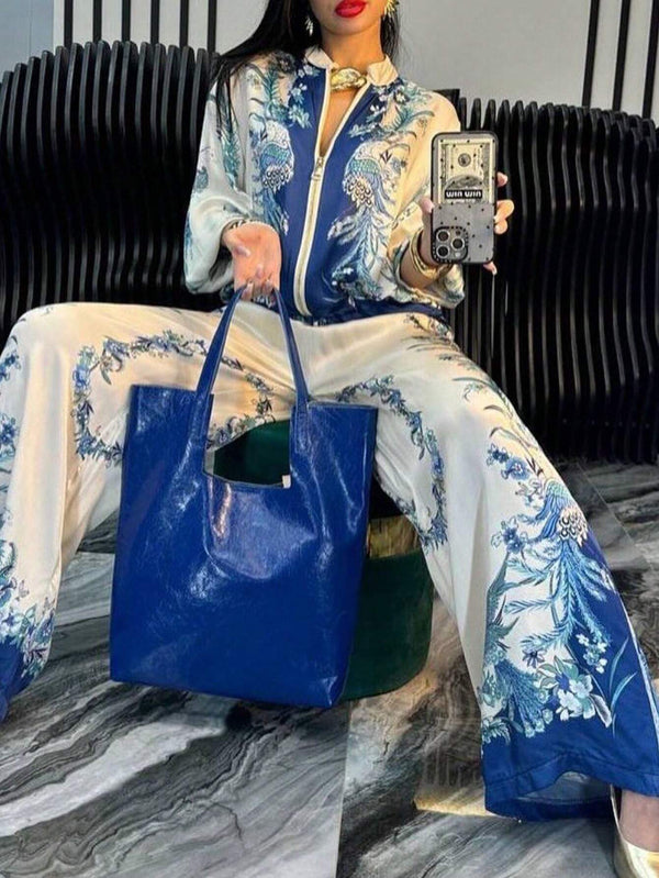 SHEIN 1 Set Bohemian Elegant Criss-Cross Allover Print 2 Pieces Outfit, Suitable For Office, Street Wear, Spring/Summer