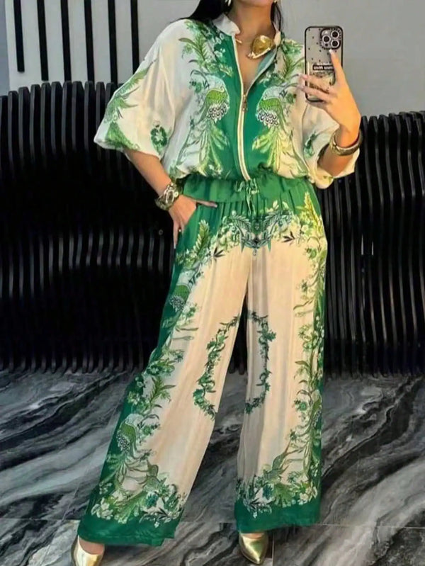 SHEIN 1 Set Bohemian Elegant Criss-Cross Allover Print 2 Pieces Outfit, Suitable For Office