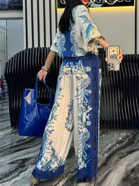 SHEIN 1 Set Bohemian Elegant Criss-Cross Allover Print 2 Pieces Outfit, Suitable For Office, Street Wear, Spring/Summer