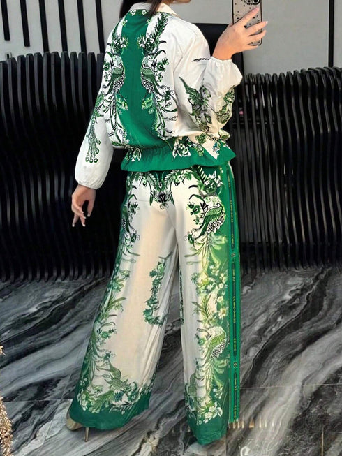 SHEIN 1 Set Bohemian Elegant Criss-Cross Allover Print 2 Pieces Outfit, Suitable For Office