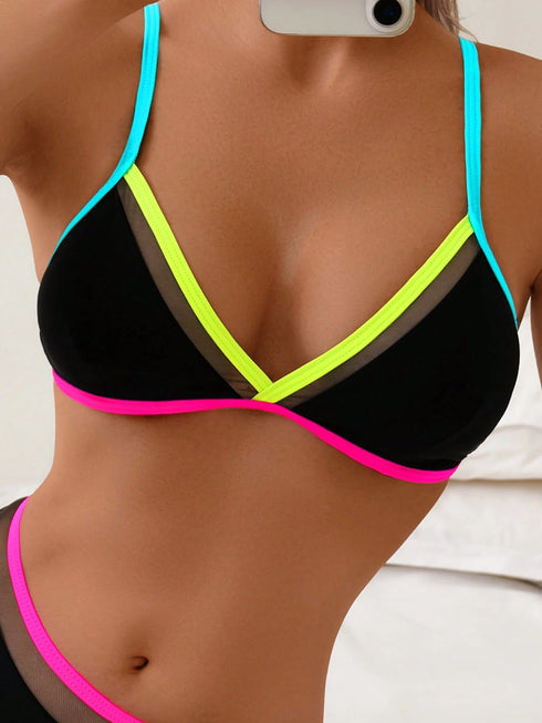 SHEIN 1 Set Women 2 Pieces Bikini Swimwear, Mesh Splice Spaghetti Strap V-Neck Open Back Fashion Casual Sexy Swimwear Vacation Beach Black Summer