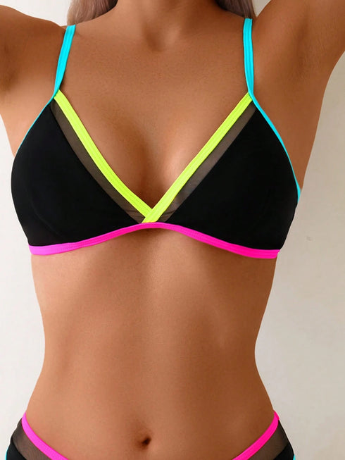 SHEIN 1 Set Women 2 Pieces Bikini Swimwear, Mesh Splice Spaghetti Strap V-Neck Open Back Fashion Casual Sexy Swimwear Vacation Beach Black Summer
