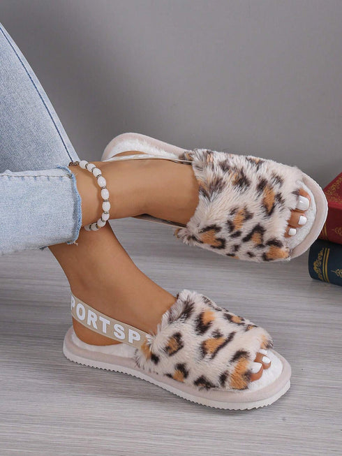 SHEIN Open Toe Furry Slippers, Warm Plush Indoor Floor Slides
