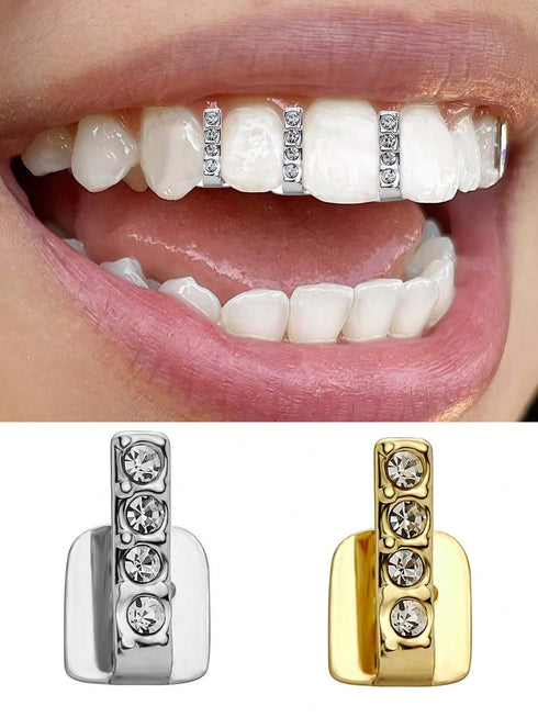 1pc Bar & 4 Rhinestone Single Tooth Grillz