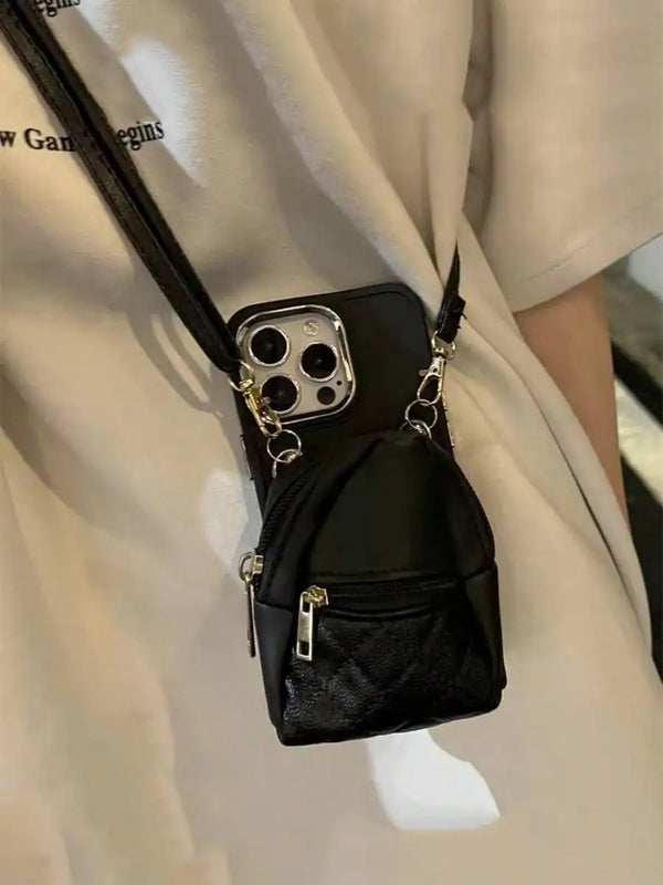 1pc Elegant Classic Black Leather Mini Backpack Set With Detachable Strap