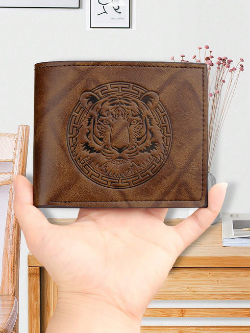SHEIN 1pc Men's Lion 3D Embossed Pattern Wallet, Vintage PU Leather Wallet (Dark Brown)