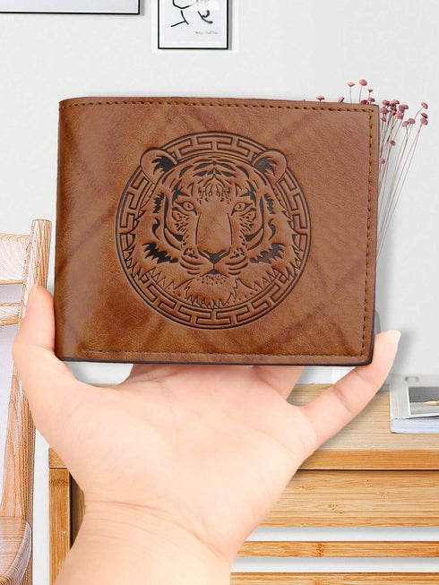 SHEIN 1pc Men's Lion 3D Embossed Pattern Wallet, Vintage PU Leather Wallet (Brown)