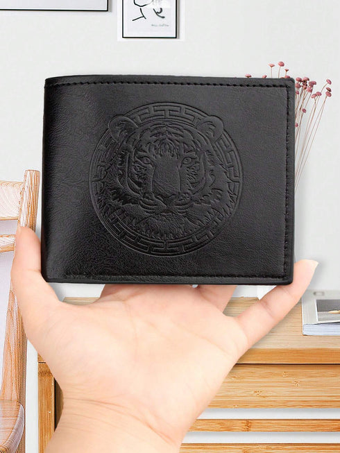 SHEIN 1pc Men's Lion 3D Embossed Pattern Wallet, Vintage PU Leather Wallet(Black)