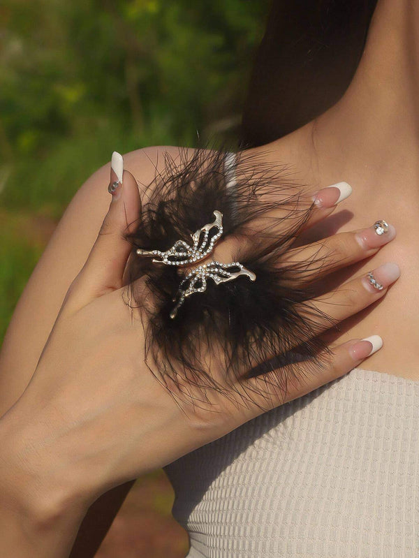 SHEIN Angelic White Feather & Rhinestone Butterfly Design Open Ring