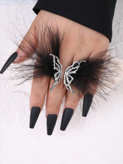 SHEIN Angelic White Feather & Rhinestone Butterfly Design Open Ring