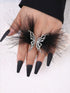 SHEIN Angelic White Feather & Rhinestone Butterfly Design Open Ring
