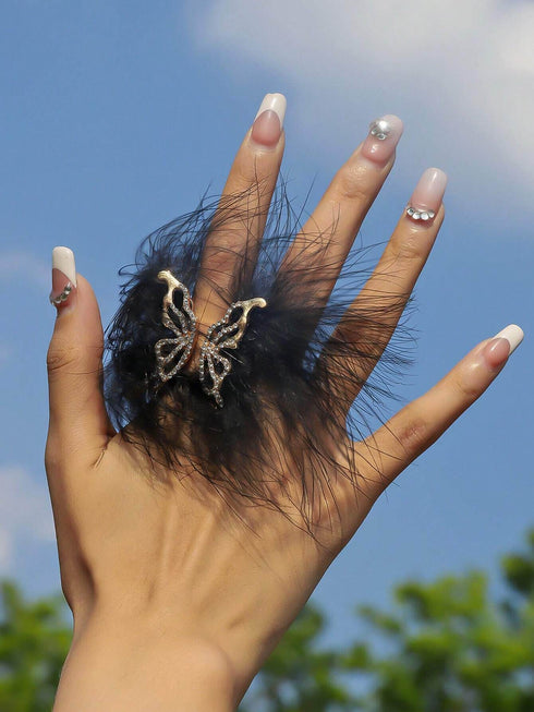 SHEIN Angelic White Feather & Rhinestone Butterfly Design Open Ring