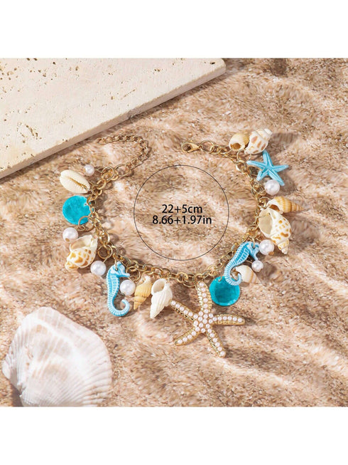 SHEIN Bohemian Beach Style Starfish And Seashell Faux Pearl Anklet Foot