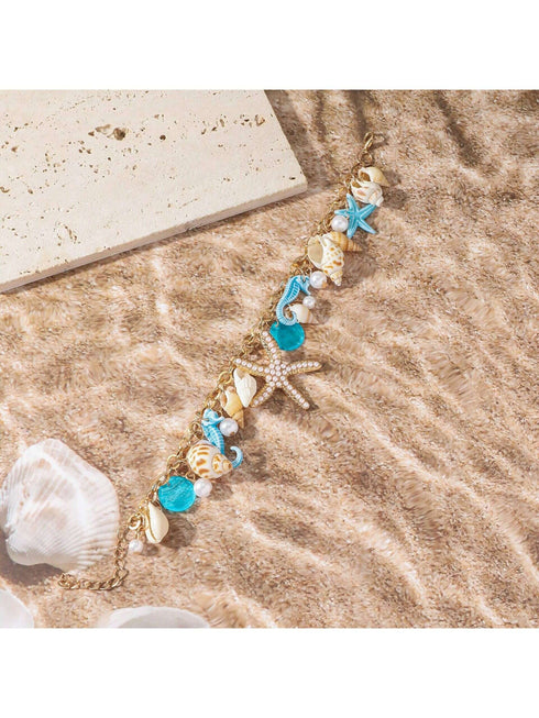 SHEIN Bohemian Beach Style Starfish And Seashell Faux Pearl Anklet Foot