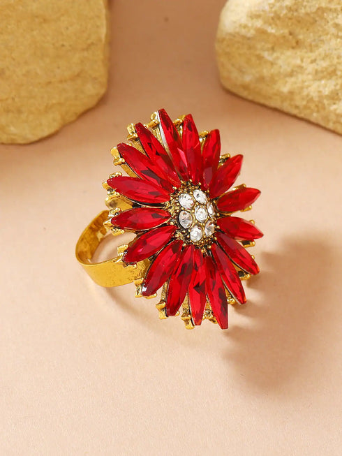 SHEIN Fashion Vintage Sunflower Rhinestone Adjustable Open Ring