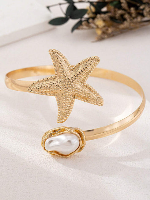 SHEIN Fashionable Asymmetric Pearl & Starfish Openwork Bracelet