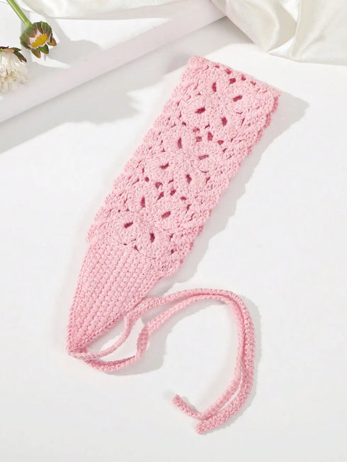 SHEIN 1pc Floral Hollow Knitted Headband, Minimalist (Pink)