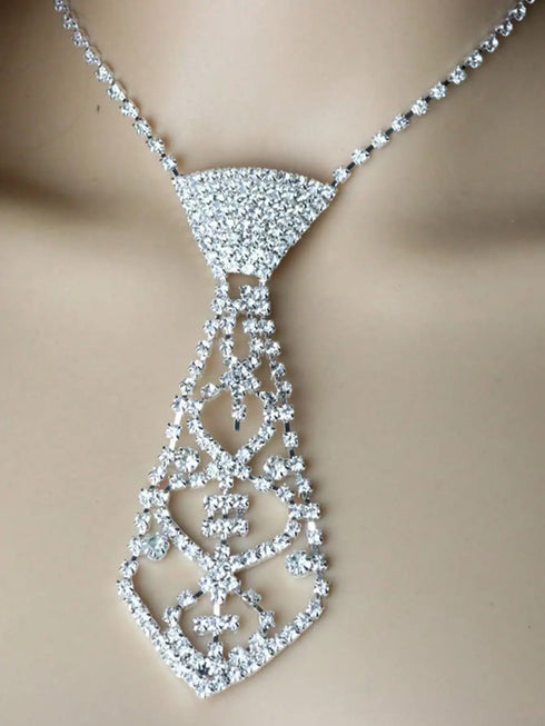 SHEIN Luxury Geometric Elegant Rhinestone Inlaid Tie Long Necklace