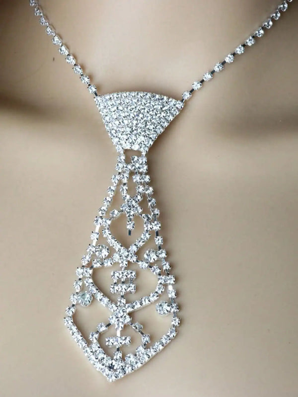 SHEIN Luxury Geometric Elegant Rhinestone Inlaid Tie Long Necklace