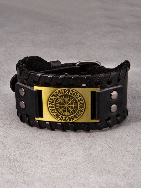 SHEIN 1pc Men's Compass Shape Accessory Wide Leather Bracelet