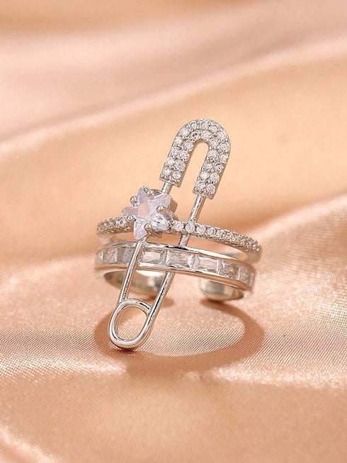 SHEIN Minimalist Chic Silver Paperclip Rhinestone Ring, Sparkling