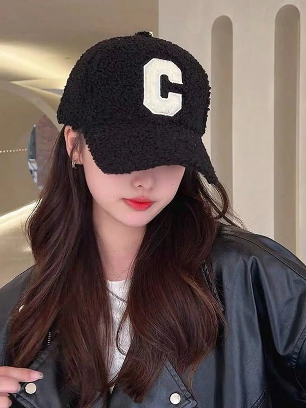 SHEIN Unisex Solid Color Letter C Embroidered Fleece Warm Baseball Cap